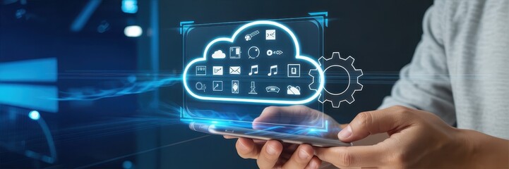 Holographic cloud computing interface displayed on a mobile device.