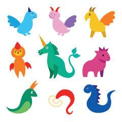 Naklejka premium mythical creature set of vector doodle icon on transparent background