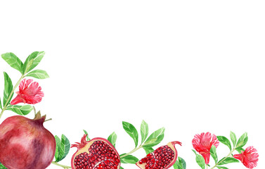 Rectangular Pomegranate Leaves and Fruits Frame Watercolor Illustration Suitable for Invitations Design Prints Textiles Packaging. High quality photo