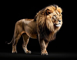 Obraz premium Majestic African Male Lion Standing Against a Black Background Wildlife