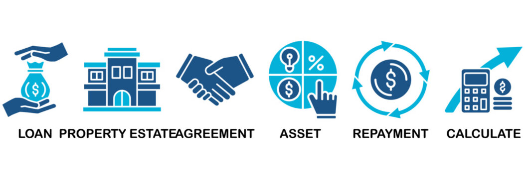 Mortgage icon set vector illustration concept with icon of loan, property estate, agreement, asset, repayment and calculate