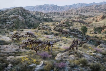 Dinosaur graveyard in prehistoric mountain range