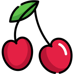 Vibrant Cartoon Cherries with Green Leaf and Black Outlines