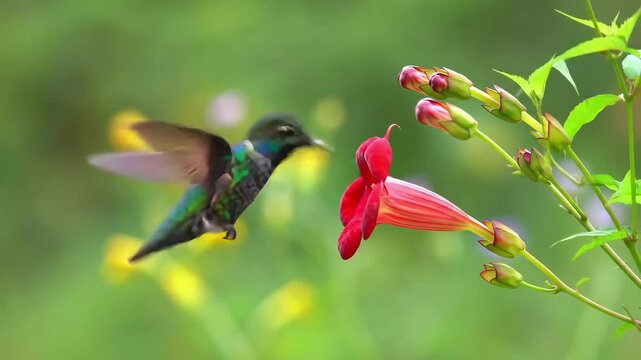 Timelapse of a hummingbird feeding from a bright red flower, fast wing motion against a natural blurred background. Created with generated AI.