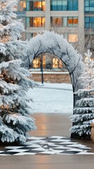 Snowy Archway Entrance in a Winter Cityscape