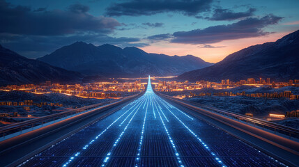 Fototapeta premium A city with a long road with a blue line running down the middle. The city is lit up with lights and the sky is cloudy