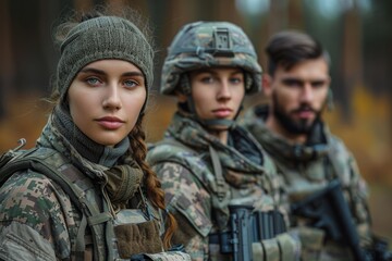 Fototapeta premium Three soldiers in camouflage and tactical gear exhibit focus and determination, representing strength, teamwork, and commitment in a military setting amidst nature.