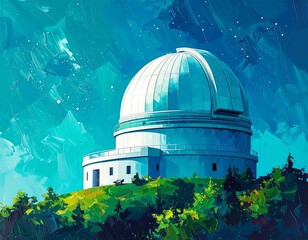 Obraz premium Majestic Observatory under a Starry Night Sky Painted Landscape