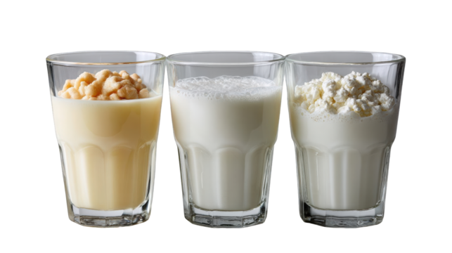 Three glasses filled with different dairy products, showcasing textures and colors, isolated