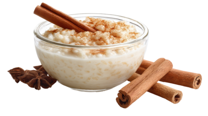 Delicious rice pudding topped with cinnamon and cream. transparent background