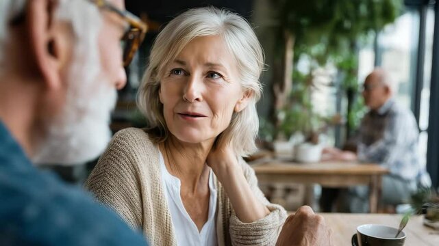 A joyful elderly couple enjoys a meaningful conversation over coffee in a cozy cafe, capturing the essence of companionship.
