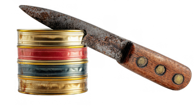 Rusty knife with a wooden handle is positioned against a stack of colorful canned food containers on a transparent background, creating a stark contrast between survival tools and processed food