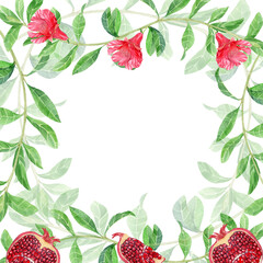 Square Pomegranate Leaves, Pomegranate Flowers and Pomegranate Fruit Frame, Watercolor Illustration, Suitable for Background, Postcards, Design