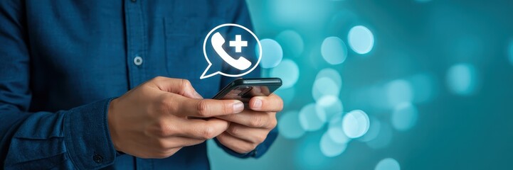 Person holding a smartphone with a medical call icon.