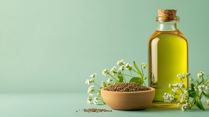 Over pale green setting wood  dish with seeds and blooms and bottle of pennycress oil depict notion green fuel oil and creation, Generative AI.