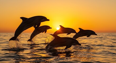 Pod of dolphins leaping gracefully from ocean waves against stunning golden sunset backdrop, creating magical silhouettes in warm evening light