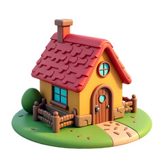 A cartoon house with a red roof and a small fence around the yard isolated on transparent background