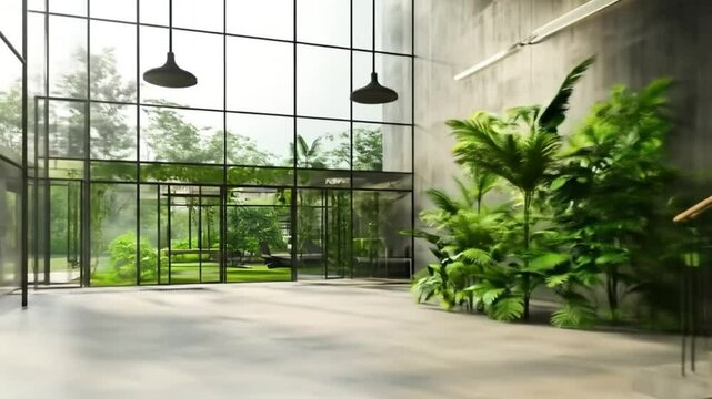 Spacious, modern lobby with large windows offering a view of lush greenery.  Concrete walls and floors complement the plants. A wooden stairwell and bench add warmth