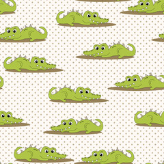 Obraz premium Animal seamless pattern with cartoon crocodiles on color background. Cute holiday illustration with crocodile for baby. Design for invitation, poster, card, fabric, textile, wrapper.