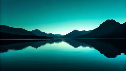 Serene teal lake at dawn with majestic mountain reflections