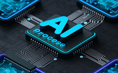 A glowing AI chip on a circuit board symbolizes artificial intelligence processing technology.
