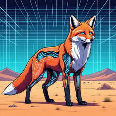 A robotic fox with circuitry stands in a desert landscape against a grid background