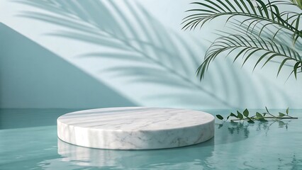 Elegant marble platform display with tropical palm shadow and water reflection