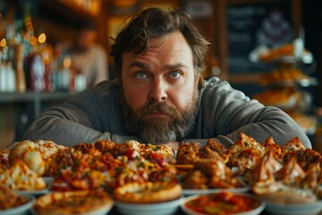 A contemplative man gazes at a lavish spread of delicious foods in an inviting eatery space, evoking feelings of abundance, joy, and the pleasures of shared meals.