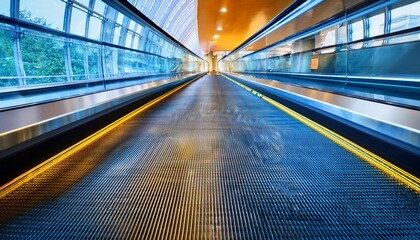 Fototapeta premium a long blue and yellow escalator with motion blur glass panels and a steel handrail against a modern architectural backdrop