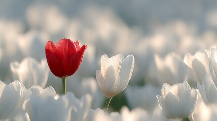 A beautiful field of white tulips with a single red tulip standing out. This image captures the contrast and beauty of nature. Perfect for floral designs and nature projects. AI