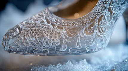 Glass Slipper with Lace Patterns“ A delicate and enchanting glass slipper adorned with intricate lace designs, evoking a fairytale charm