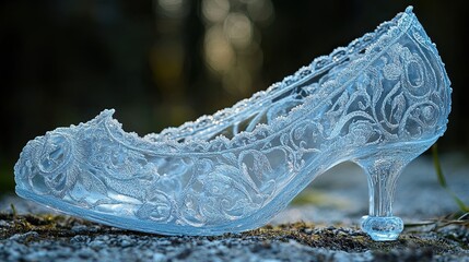 Glass Slipper with Lace Patterns“ A delicate and enchanting glass slipper adorned with intricate lace designs, evoking a fairytale charm
