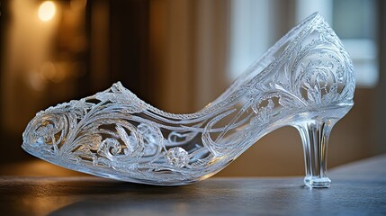 Glass Slipper with Lace Patterns“ A delicate and enchanting glass slipper adorned with intricate lace designs, evoking a fairytale charm
