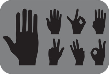Obraz premium Black Hand Silhouettes Displaying Various Gestures Against a Gray Background Including Open Palm Peace Sign Number Three Number Four and the Okay Hand Signal