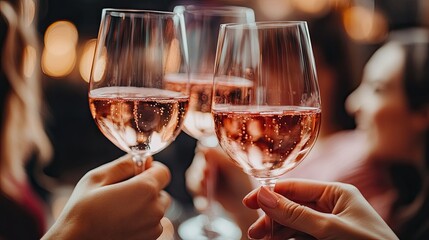 Glasses of ros wine raised in a celebratory toast. 