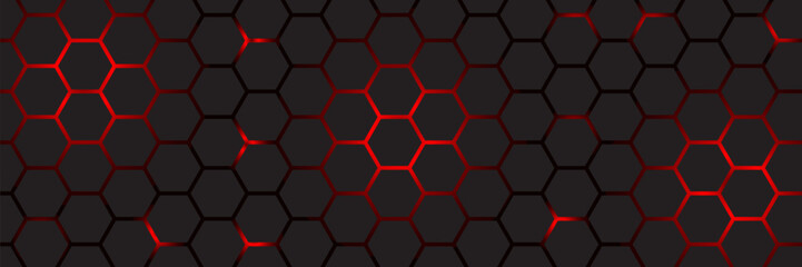 Abstract dark hexagon pattern on red neon background technology style. Modern futuristic geometric shape web banner design. You can use for cover template, poster, flyer, print ad. Vector illustration