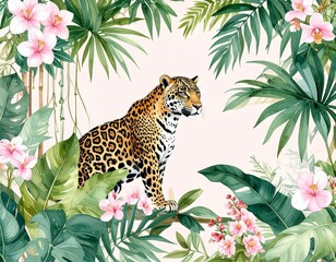 Majestic Jaguar in Lush Tropical Paradise Watercolor Painting of a Wild Cat among Vibrant Flowers and Leaves