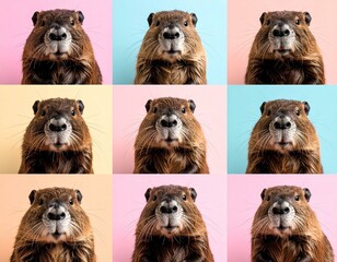Nine Adorable Coypu Portraits Against Pastel Backgrounds Perfect for Children's Books or Websites