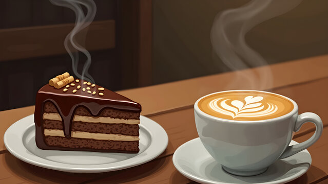 Enjoying Coffee and Chocolate Cake with Latte Art on Wooden Table