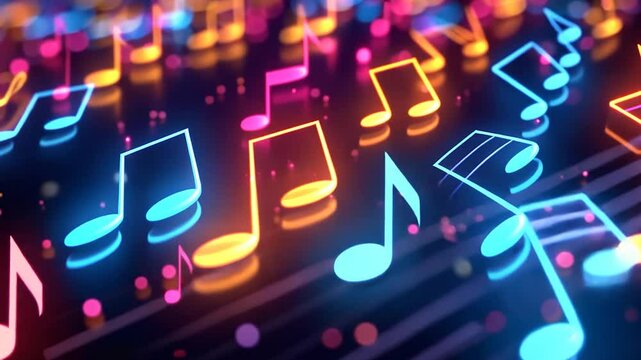 Neon musical background with musical notes.