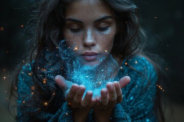 Fototapeta na wymiar A captivating image of a young woman blowing magical sparkles from her hands, representing wonder, dreams, and creativity amidst a serene, ethereal background.