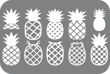 Stylized Pineapple Vector Illustration A Collection of Ten White Pineapple Silhouettes with Varied Patterns on a Solid Gray Background Arranged in Two Rows of Five
