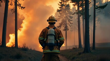 AI Generative Firefighter in suit and helmet against forest fire background, emergency rescue service