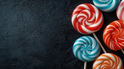 A vibrant arrangement of spiral lollipops on a dark background, showcasing the delightful colors and shapes that attract candy lovers of all ages to indulge in these sweets.