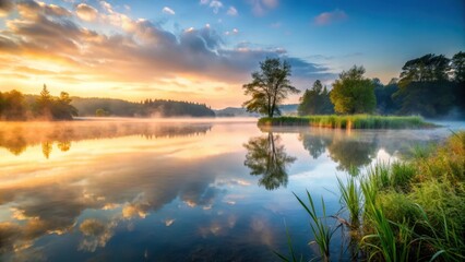 A serene lake at dawn with mist rising from the water on the high bank