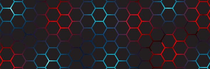 Abstract dark hexagon pattern on red neon background technology style. Modern futuristic geometric shape web banner design. You can use for cover template, poster, flyer, print ad. Vector illustration