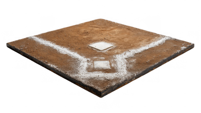 Home plate, batter's box, and chalk lines are depicted on a baseball field diamond section with a transparent background, creating a realistic and dynamic sports scene