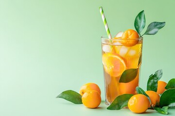 An up-close view of  A bright green backdrop with a large text space&nbsp;a glass of kumquat cold tea with a straw&nbsp;and kumquat fruits, Generative AI.