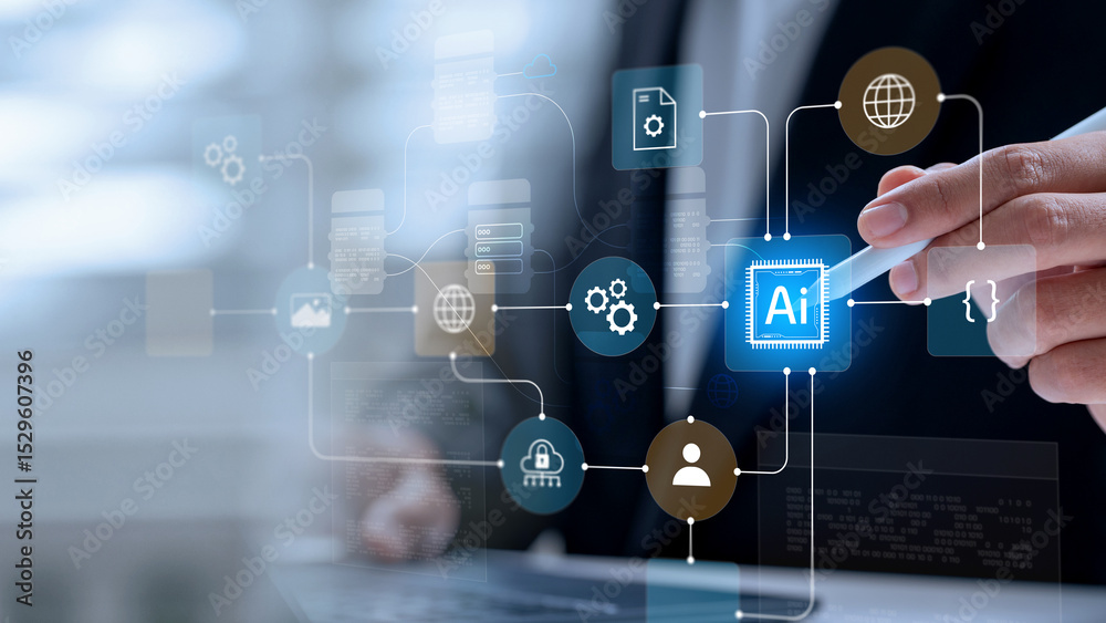Fototapete AI workflow optimization concept. showing hand using stylus on digital interface with AI chip, cloud computing, and workflow icons representing automation and machine learning innovation.