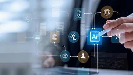 AI workflow optimization concept. showing hand using stylus on digital interface with AI chip,...